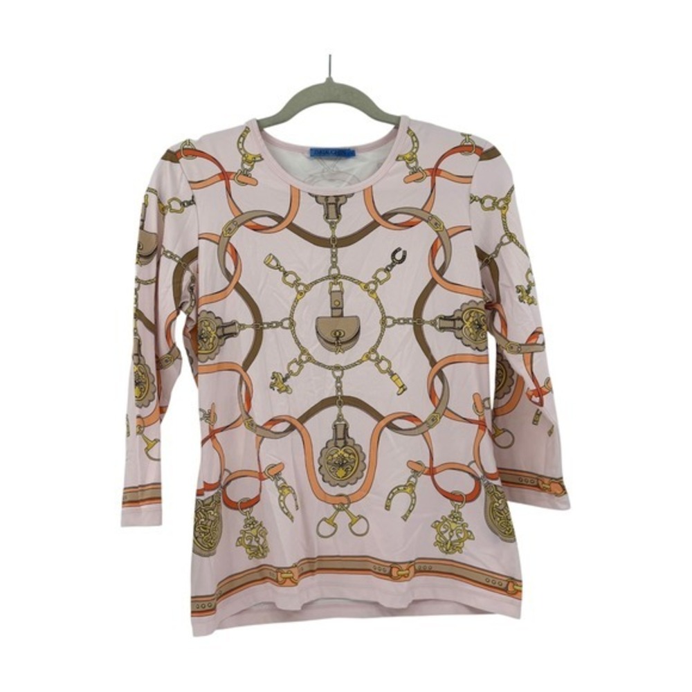 J.McLaughlin Pink Catalina Cloth Horsebit Equestrian Print 3/4 Sleeve Top M